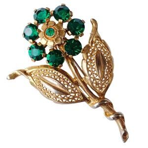 Mid Century Gold Tone Filigree Flower Brooch, VTG Open Back Green Rhinestone Pin